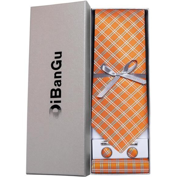 Plaid Ties for Men Silk Checkered Necktie and Pocket Square Cufflinks Tie Clip - Picture 3 of 7